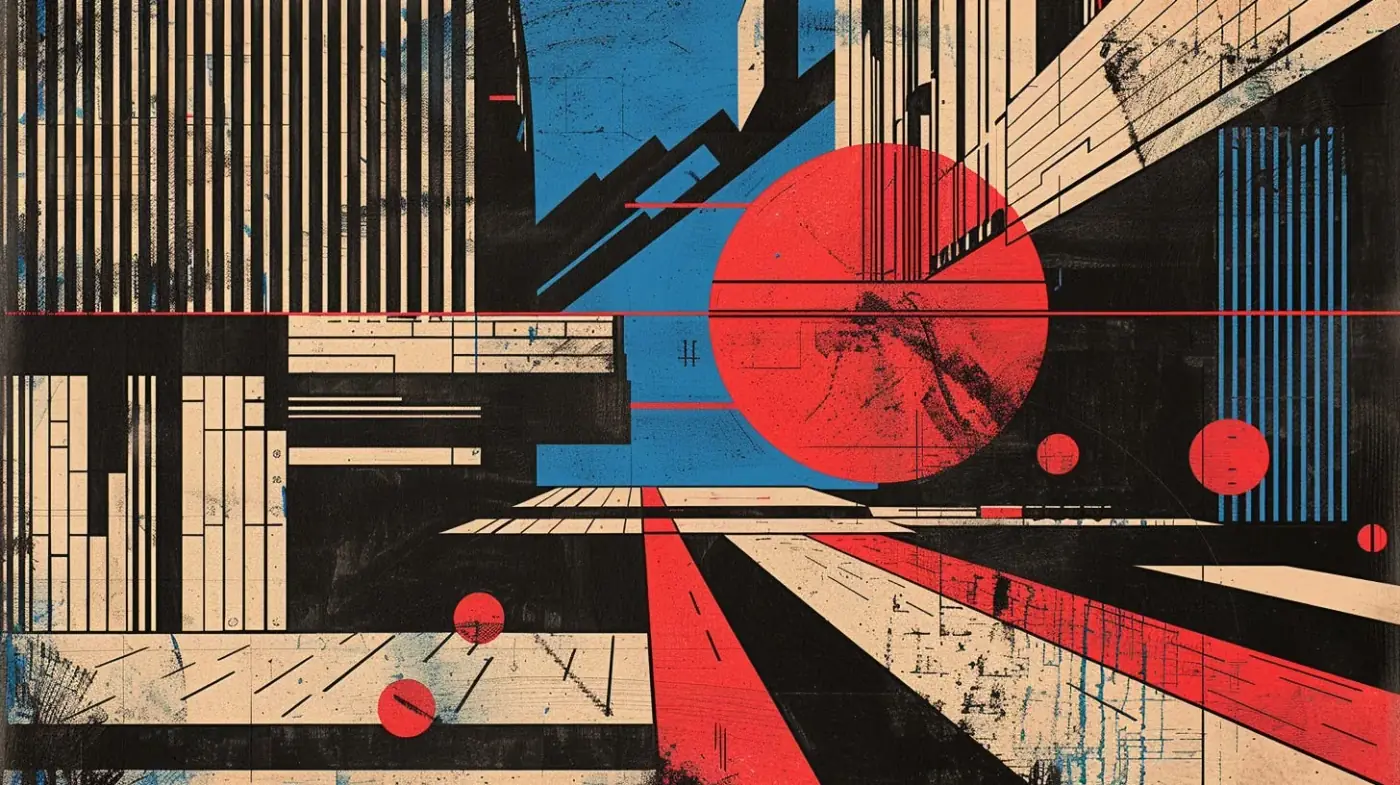 Screen-print illustration: brutalist civic buildings in signal red, blue and black on cream, converging on a large red sun.