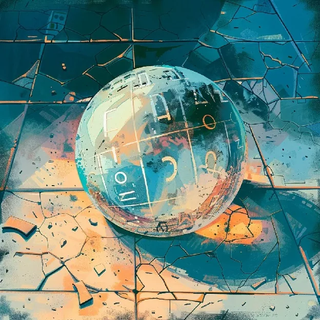 Illustration: a translucent, globe-like ball inscribed with faint grid lines and letterforms rests dropped on cracked blue and orange pavement.